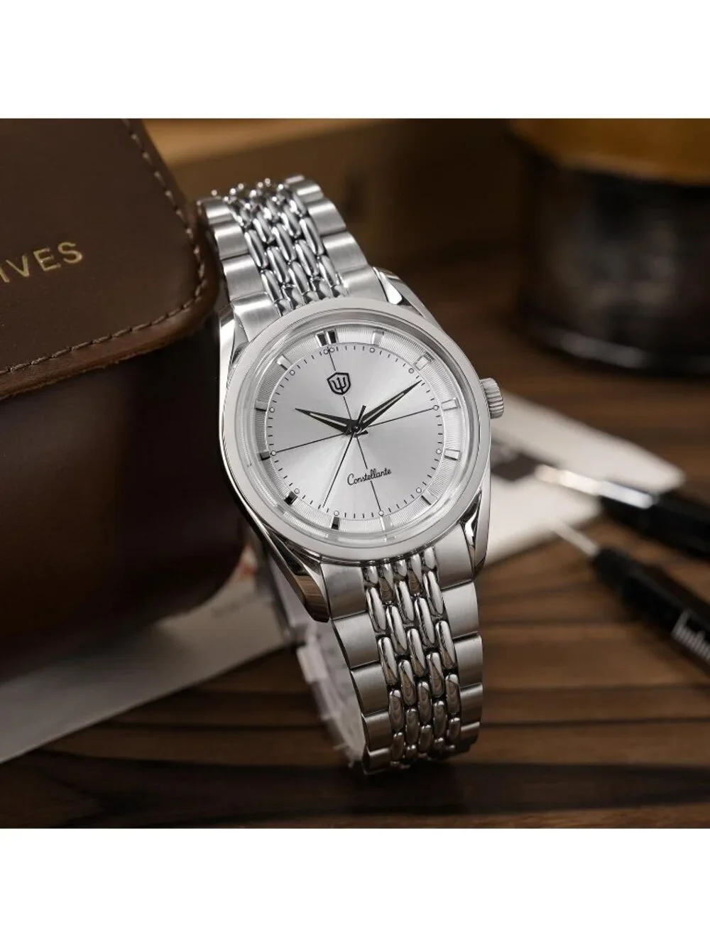 Men's Sunray Silver/ Sapphire-OTF Clasp Crystal Arctic 36mm VH31 Quartz Watch